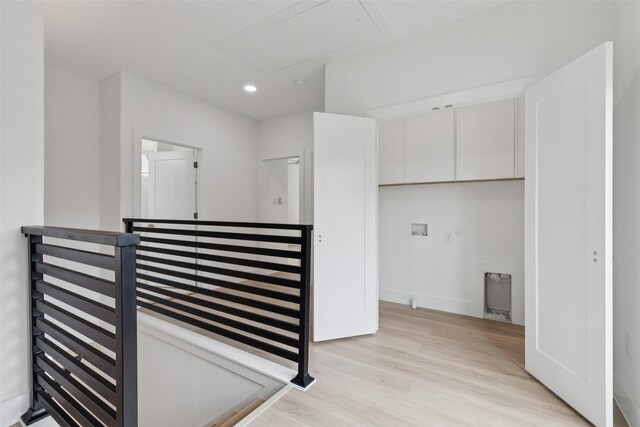 1000 W 10th St, Dallas, TX 75208 - corridor featuring attic access, an upstairs landing, light wood-style flooring, and recessed lighting