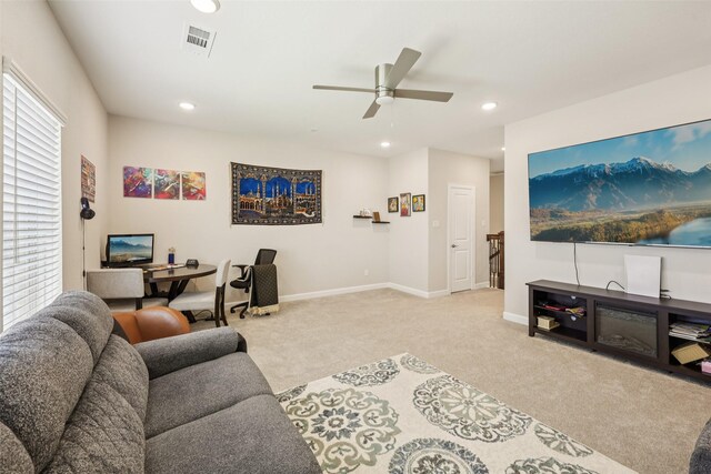 1330 Heavenly Pl, Wylie, TX 75098 - living room featuring light colored carpet, a ceiling fan, recessed lighting, and an office area