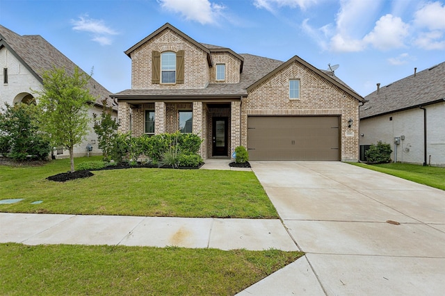 1519 Calcot Ln, Forney, TX 75126 - view of front of home featuring brick siding, a front lawn, concrete driveway, a garage, and a shingled roof