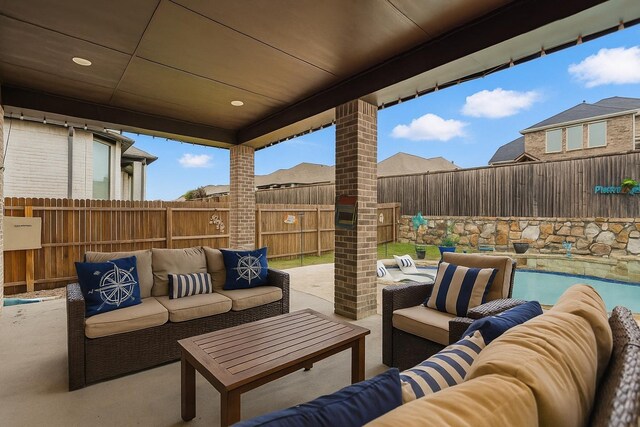 1519 Calcot Ln, Forney, TX 75126 - fenced backyard featuring an outdoor living space and a patio area