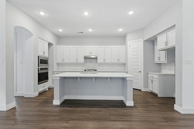 1519 Calcot Ln, Forney, TX 75126 - kitchen featuring appliances with stainless steel finishes, under cabinet range hood, backsplash, white cabinets, and recessed lighting