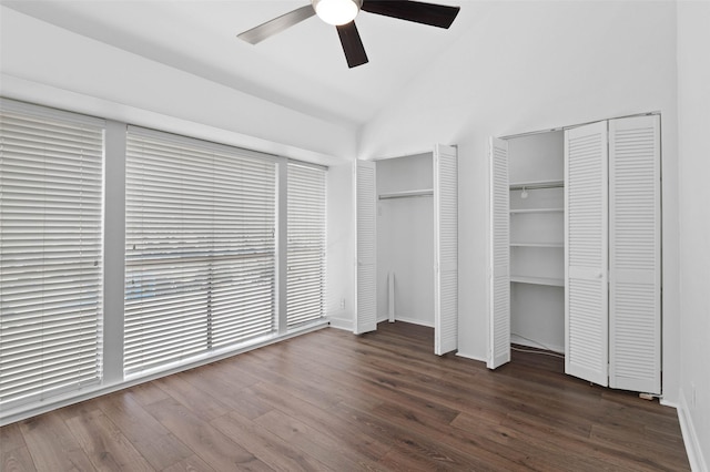 4555 N O Connor Rd Unit 2278, Irving, TX 75062 - unfurnished bedroom with two closets, wood finished floors, lofted ceiling, and a ceiling fan