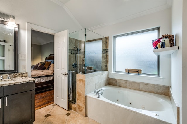 4320 Country Ln, Grapevine, TX 76051 - full bathroom featuring crown molding, a stall shower, a jetted tub, connected bathroom, and vanity