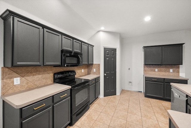 1003 Rosita St, Arlington, TX 76002 - kitchen with black appliances, backsplash, light countertops, recessed lighting, and light tile patterned flooring