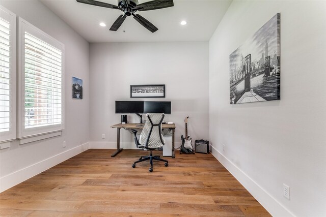 1757 Country Club Rd, Bowie, TX 76230 - home office featuring plenty of natural light, recessed lighting, light wood-type flooring, and a ceiling fan