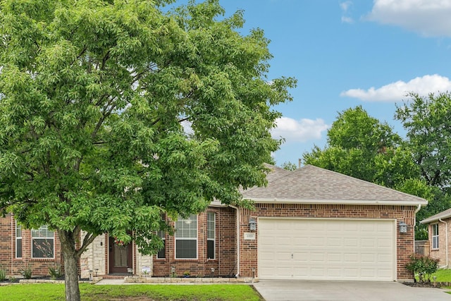 1323 Canyon Creek Rd, Wylie, TX 75098 - obstructed view of property featuring driveway, a garage, a shingled roof, brick siding, and a front lawn