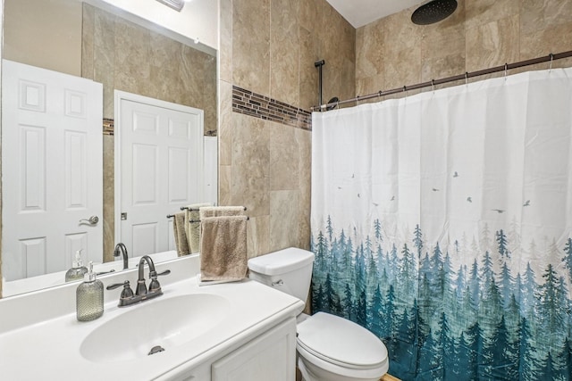 1323 Canyon Creek Rd, Wylie, TX 75098 - bathroom with a shower with shower curtain, vanity, and tile walls