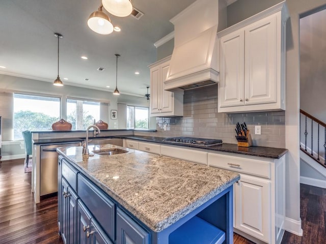 165 Cote D Azur, Chico, TX 76431 - kitchen featuring custom exhaust hood, blue cabinetry, stainless steel appliances, white cabinets, and dark wood-style flooring
