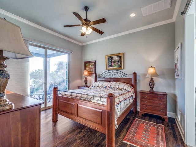 165 Cote D Azur, Chico, TX 76431 - bedroom featuring dark wood finished floors, ornamental molding, recessed lighting, and ceiling fan