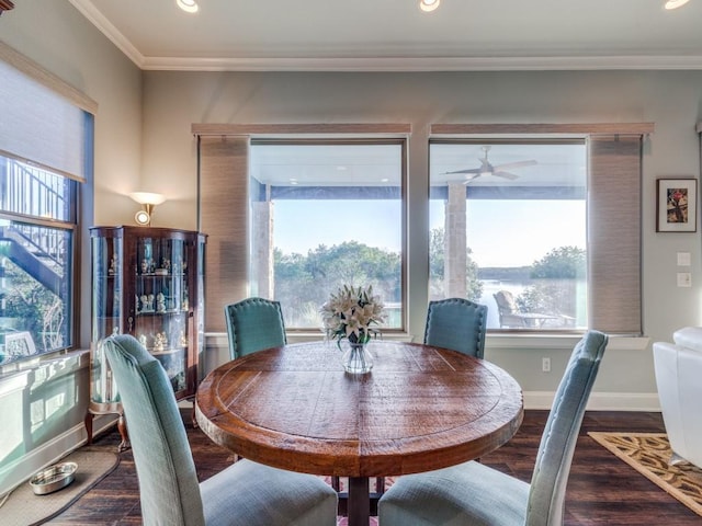 165 Cote D Azur, Chico, TX 76431 - dining space with wood finished floors, ornamental molding, recessed lighting, and a ceiling fan