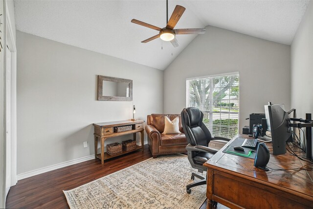 7104 Harlan Dr, Rockwall, TX 75087 - home office featuring ceiling fan, wood finished floors, and vaulted ceiling