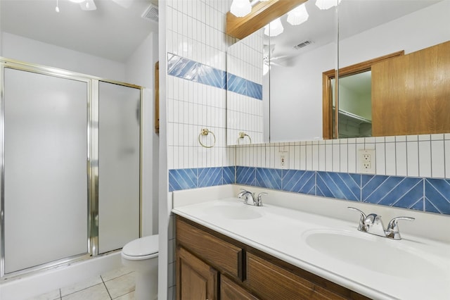 4018 Oakview Cir, Alvarado, TX 76009 - bathroom featuring a shower stall, double vanity, and tile patterned floors