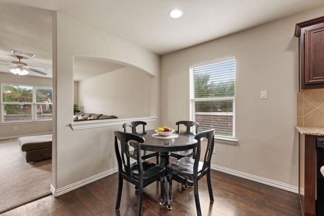 6524 Sheridan Cir, Arlington, TX 76017 - dining space with dark wood-type flooring, ceiling fan, and recessed lighting