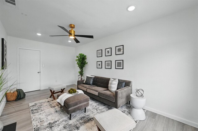3105 Dupree St, Irving, TX 75062 - living room with light wood-type flooring, ceiling fan, and recessed lighting