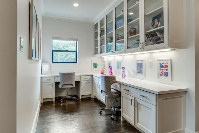 4635 W Amherst Ave, Dallas, TX 75209 - office space with built in desk, ornamental molding, dark wood finished floors, and recessed lighting