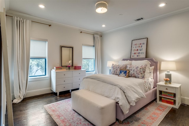 4635 W Amherst Ave, Dallas, TX 75209 - bedroom with ornamental molding, multiple windows, dark wood-type flooring, and recessed lighting