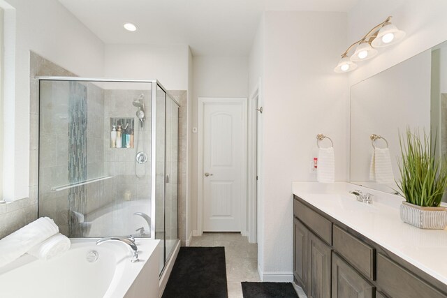 1112 Metaline Trl, Fort Worth, TX 76177 - bathroom with a stall shower, a bath, double vanity, and tile patterned flooring