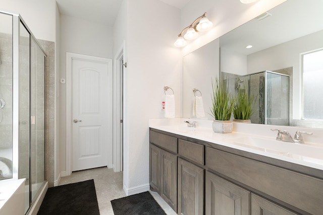 1112 Metaline Trl, Fort Worth, TX 76177 - bathroom with a shower stall, double vanity, and tile patterned flooring
