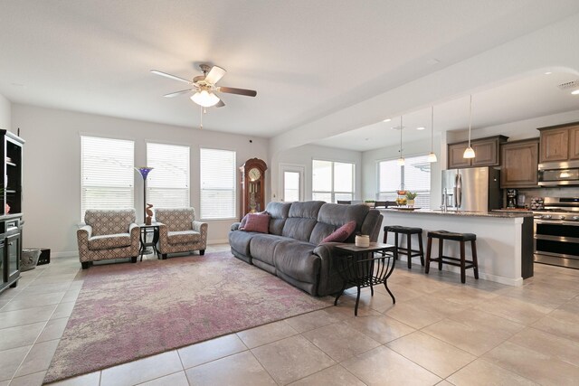 1112 Metaline Trl, Fort Worth, TX 76177 - living room with ceiling fan, light tile patterned floors, and recessed lighting