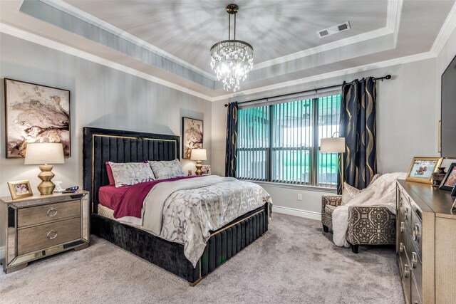 8509 Cocobolo Dr, Denton, TX 76207 - bedroom featuring a tray ceiling, carpet, a chandelier, and ornamental molding