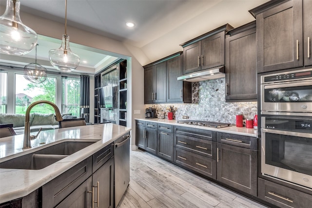 8509 Cocobolo Dr, Denton, TX 76207 - kitchen featuring appliances with stainless steel finishes, under cabinet range hood, backsplash, dark brown cabinetry, and light wood-type flooring