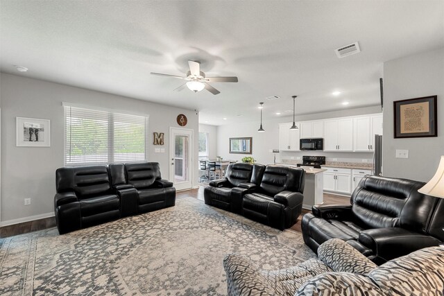 6932 Sulphur Ct, China Spring, TX 76633 - living room with wood finished floors, ceiling fan, and recessed lighting