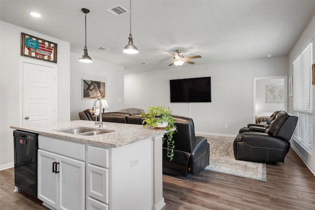 6932 Sulphur Ct, China Spring, TX 76633 - kitchen with open floor plan, dishwasher, dark wood-style floors, white cabinetry, and a ceiling fan