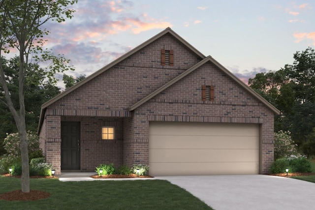 749 Hidden Feather Dr, Lavon, TX 75166 - view of front of home featuring driveway, brick siding, a garage, and a yard