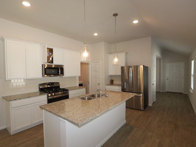 14142 Maida Dr, Pilot Point, TX 76258 - kitchen featuring stainless steel appliances, dark wood-style floors, tasteful backsplash, white cabinets, and recessed lighting