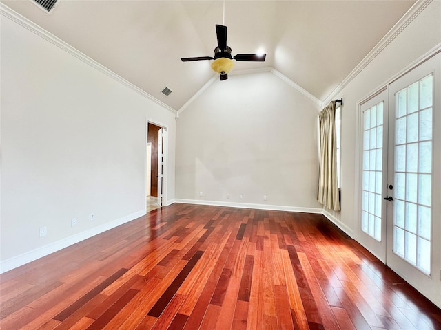 1016 Santiago Trl, Wylie, TX 75098 - unfurnished room with french doors, vaulted ceiling, ceiling fan, dark wood-type flooring, and ornamental molding