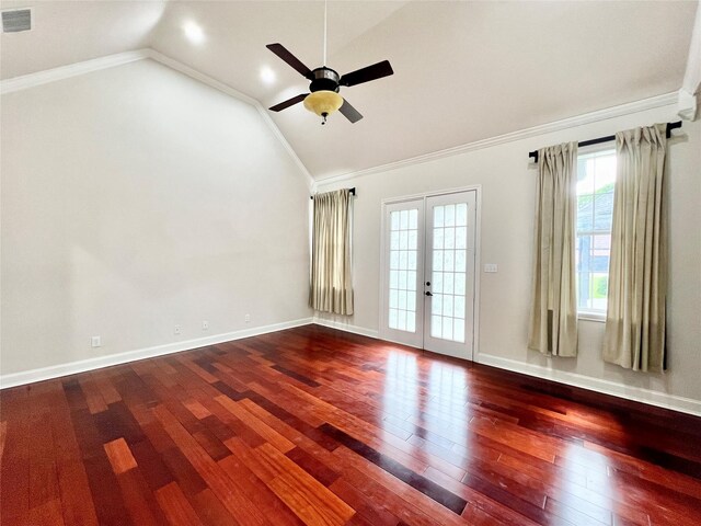 1016 Santiago Trl, Wylie, TX 75098 - spare room featuring vaulted ceiling, french doors, a ceiling fan, wood-type flooring, and crown molding