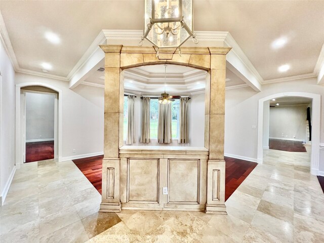 1016 Santiago Trl, Wylie, TX 75098 - entryway featuring arched walkways, a chandelier, ornamental molding, and recessed lighting