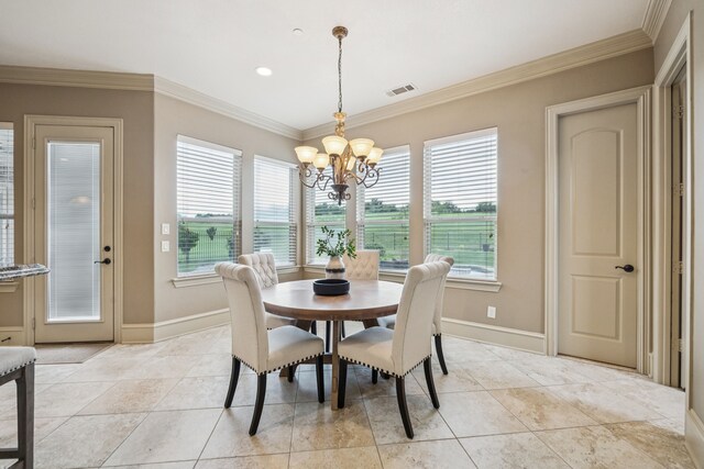 211 Tanner Creek Cir, Sunnyvale, TX 75182 - dining area featuring a chandelier, ornamental molding, and light tile patterned floors