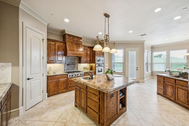 211 Tanner Creek Cir, Sunnyvale, TX 75182 - kitchen featuring premium range hood, stainless steel appliances, tasteful backsplash, recessed lighting, and light stone counters