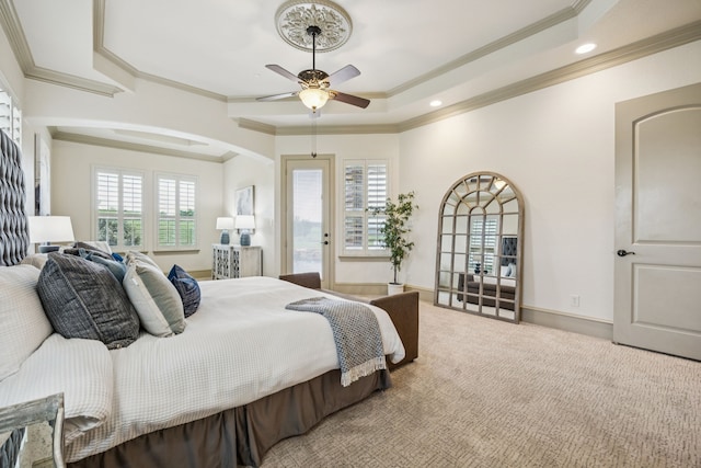 211 Tanner Creek Cir, Sunnyvale, TX 75182 - carpeted bedroom with access to exterior, recessed lighting, crown molding, a ceiling fan, and a tray ceiling
