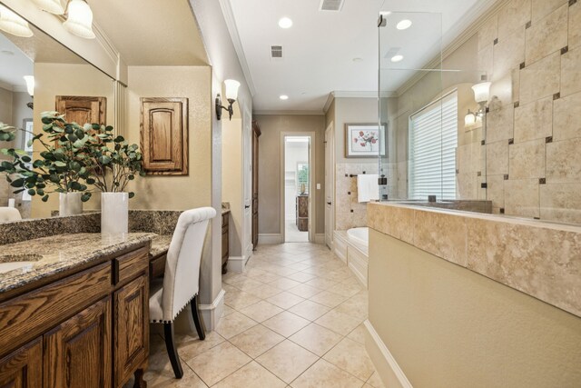 211 Tanner Creek Cir, Sunnyvale, TX 75182 - full bathroom with ornamental molding, a garden tub, vanity, tile patterned floors, and recessed lighting