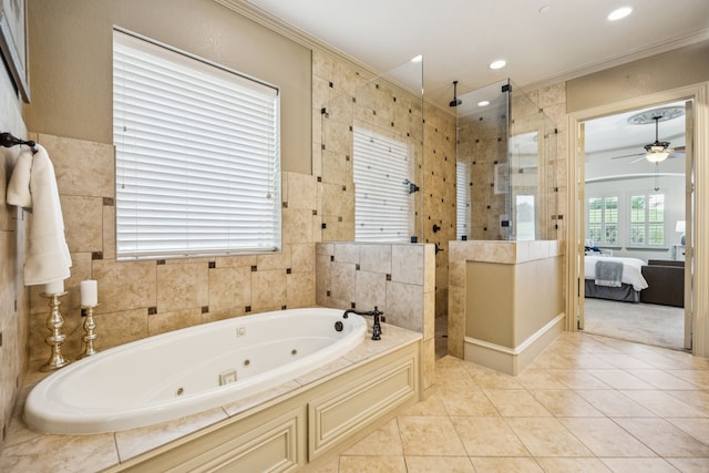 211 Tanner Creek Cir, Sunnyvale, TX 75182 - ensuite bathroom with a walk in shower, a tub with jets, crown molding, tile patterned flooring, and a ceiling fan
