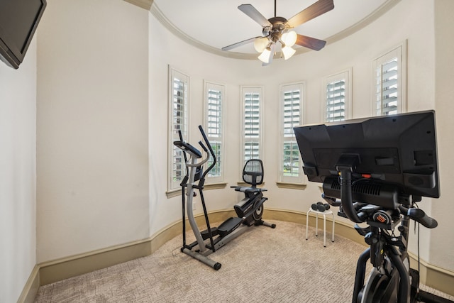 211 Tanner Creek Cir, Sunnyvale, TX 75182 - workout area featuring ceiling fan, ornamental molding, and carpet floors