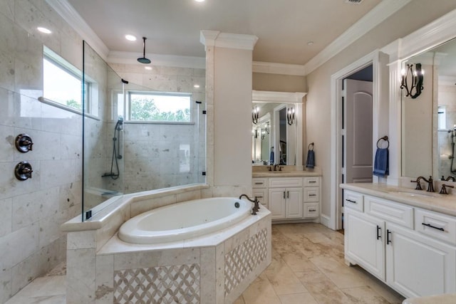 217 The Falls Dr, Sunnyvale, TX 75182 - full bathroom with crown molding, a walk in shower, a bath, and two vanities