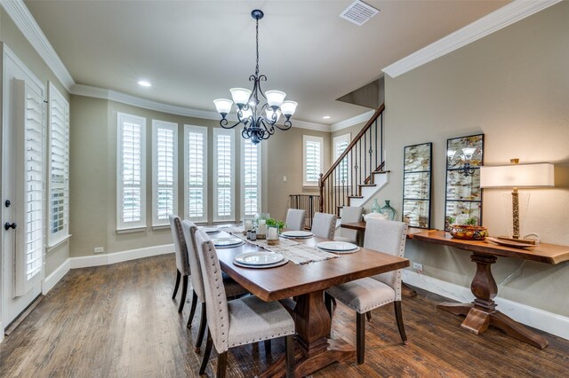 917 Stone Cottage Ln, Mckinney, TX 75069 - dining space with a chandelier, dark wood-style flooring, stairs, crown molding, and recessed lighting
