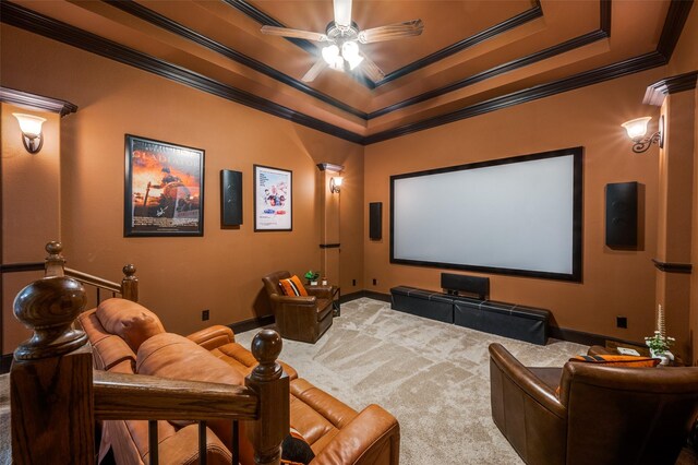 917 Stone Cottage Ln, Mckinney, TX 75069 - home theater featuring crown molding, carpet floors, a ceiling fan, and a tray ceiling