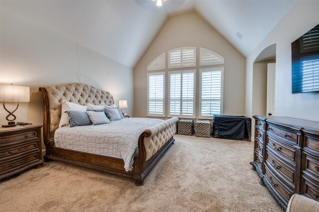 917 Stone Cottage Ln, Mckinney, TX 75069 - bedroom with light carpet, lofted ceiling, and ceiling fan