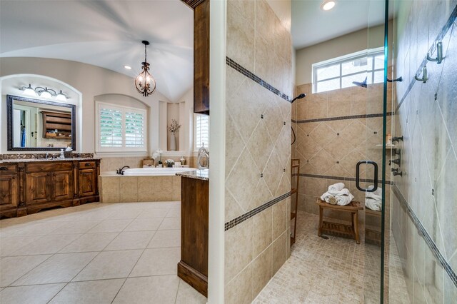 917 Stone Cottage Ln, Mckinney, TX 75069 - full bath featuring a garden tub, vanity, a shower stall, tile patterned floors, and recessed lighting