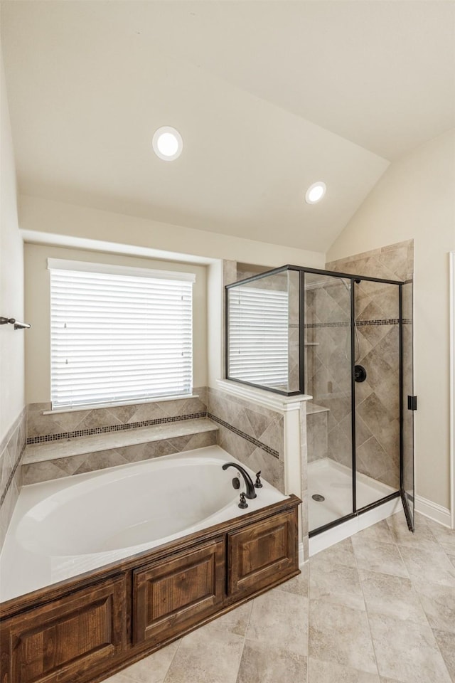 1701 Fair Oaks Ln, Royse City, TX 75189 - bathroom with a bath, healthy amount of natural light, a stall shower, vaulted ceiling, and recessed lighting
