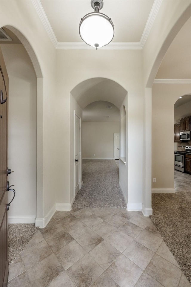 1701 Fair Oaks Ln, Royse City, TX 75189 - hallway with light colored carpet and ornamental molding
