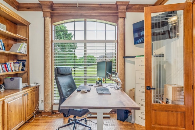 10133 Leaping Buck Pt, Fort Worth, TX 76126 - office area featuring light wood-style floors and ornamental molding