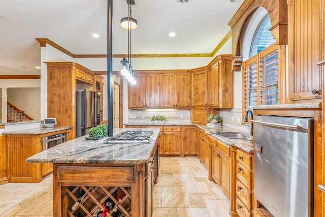 10133 Leaping Buck Pt, Fort Worth, TX 76126 - kitchen featuring appliances with stainless steel finishes, crown molding, light stone counters, decorative backsplash, and stone tile flooring