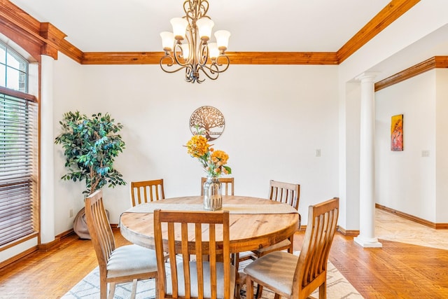10133 Leaping Buck Pt, Fort Worth, TX 76126 - dining area with crown molding, light wood-type flooring, a chandelier, and decorative columns