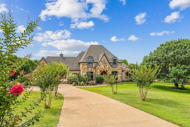 10133 Leaping Buck Pt, Fort Worth, TX 76126 - french country home with stone siding, a front lawn, and driveway
