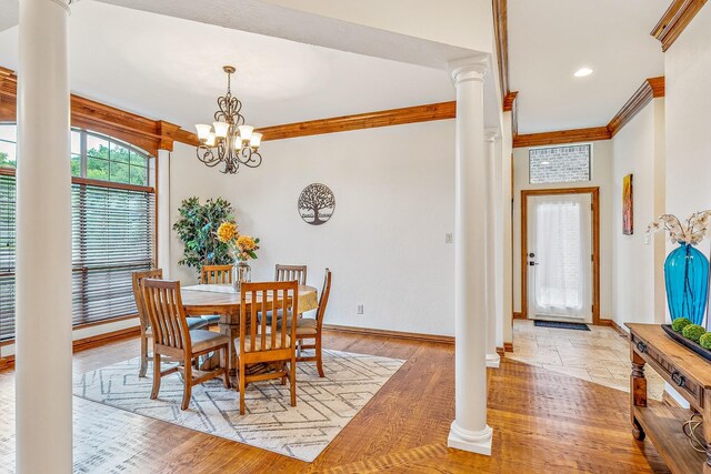 10133 Leaping Buck Pt, Fort Worth, TX 76126 - dining space with ornate columns, crown molding, a chandelier, light wood-style flooring, and recessed lighting